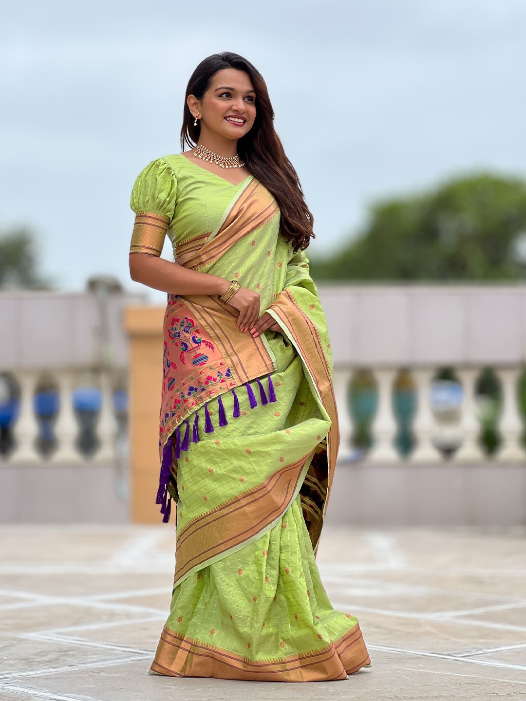 

LeeliPeeri Designer Woven Design Zari Paithani Saree, Olive