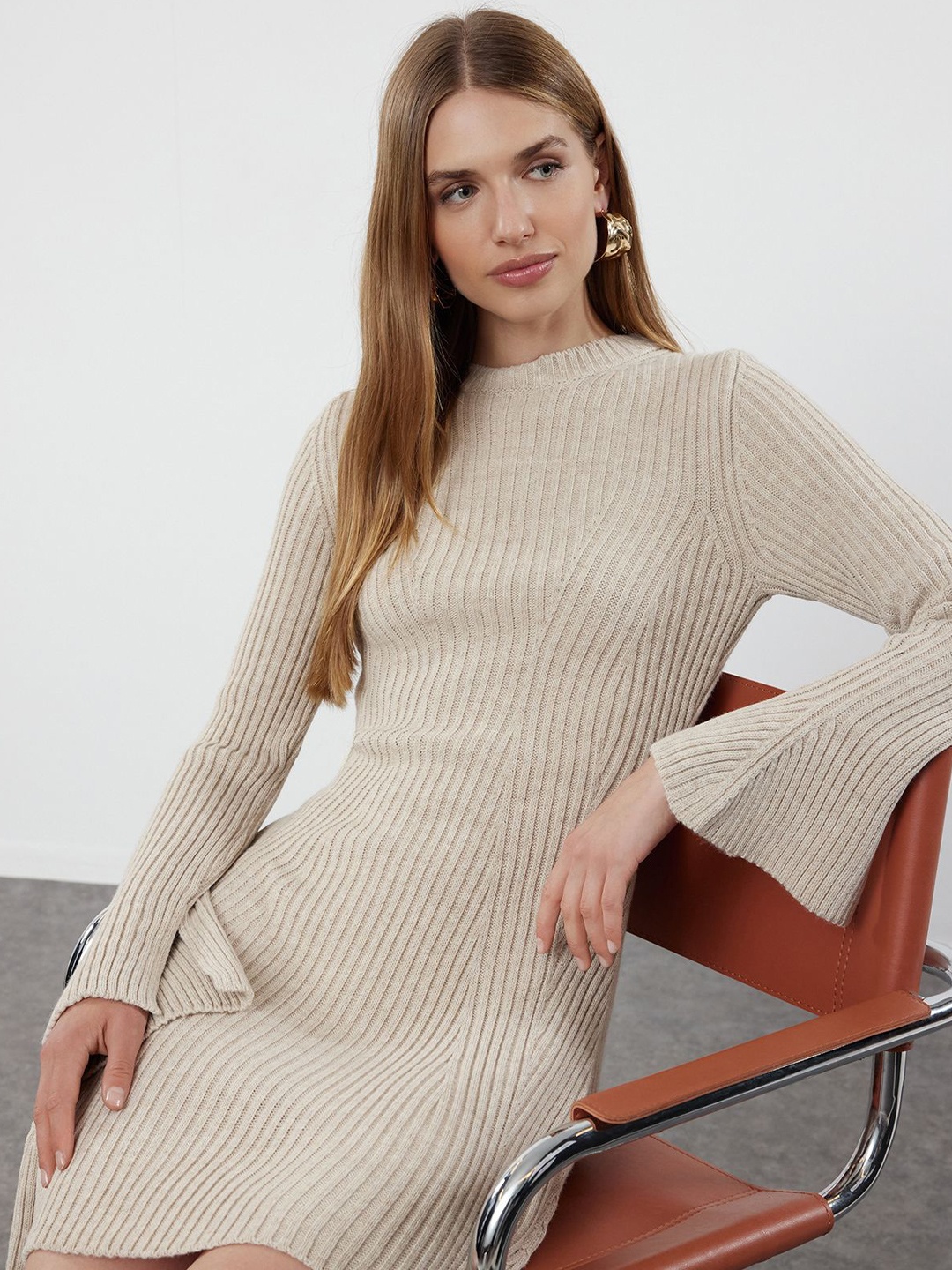 

Trendyol Striped Bell Sleeve Fit & Flare Dress, Off white