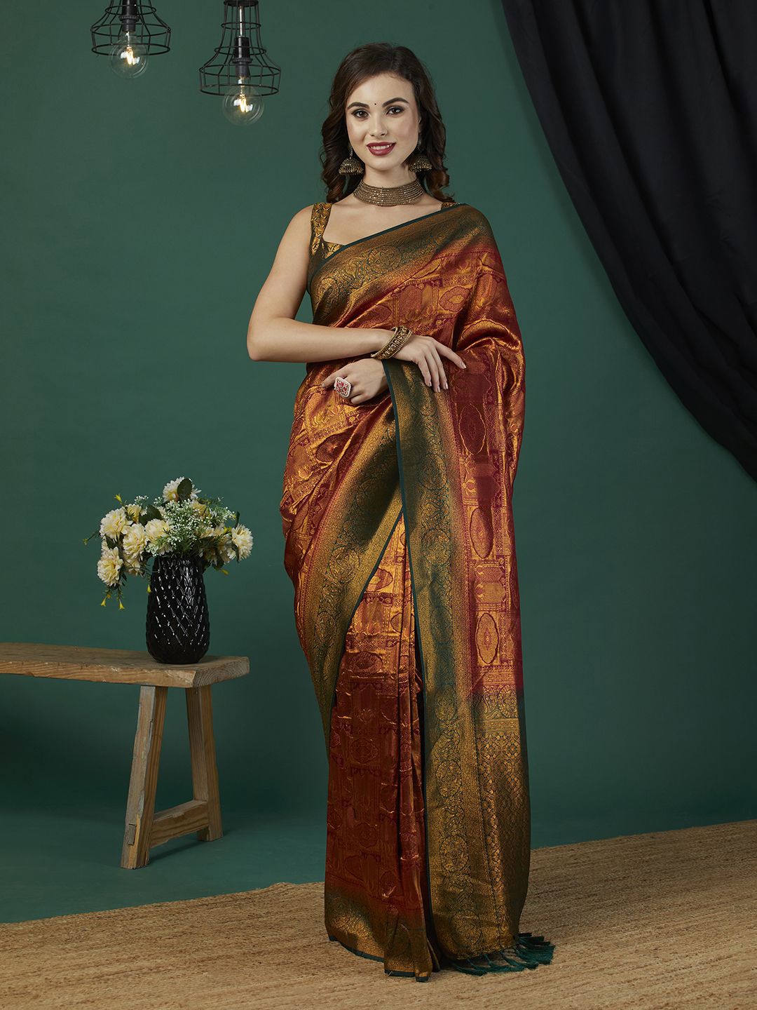 

KAYOMMI Woven Design Zari Pure Silk Kanjeevaram Saree, Maroon
