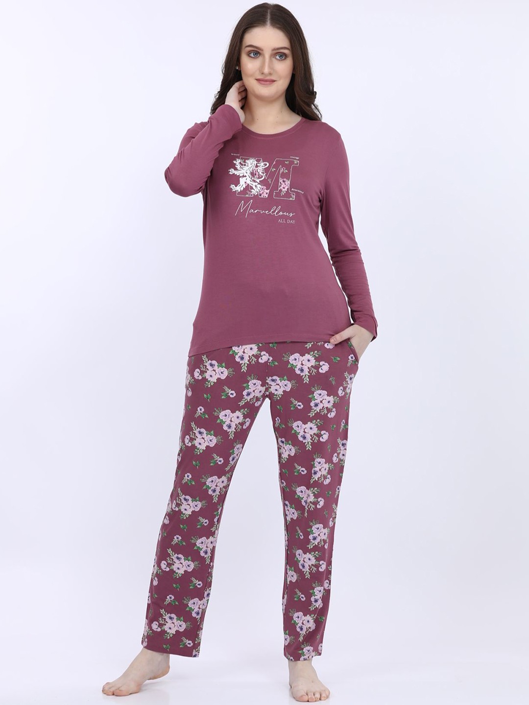 

MAYSIXTY Women Floral Printed Long Sleeves Night suit, Purple