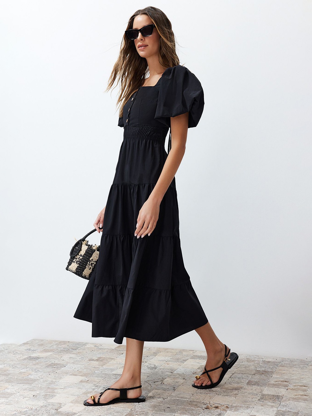 

Trendyol Solid Cotton Flared Sleeve Fit & Flare Midi Dress, Black