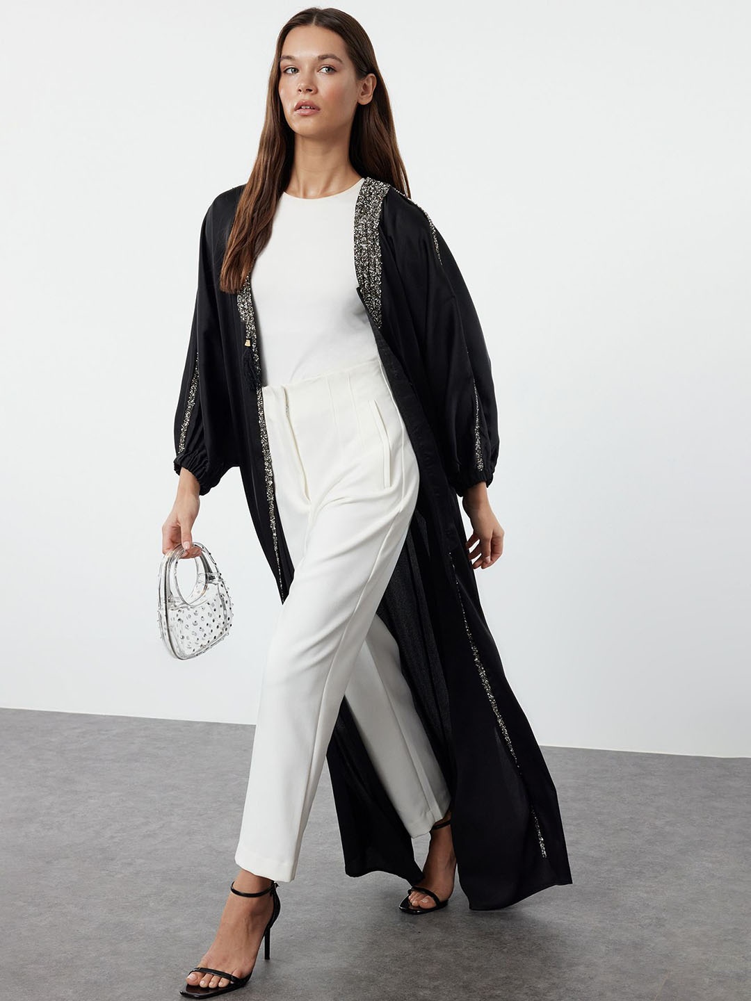 

Trendyol V Neck Self Design Embellished Puff Sleeves Longline Shrug, Black
