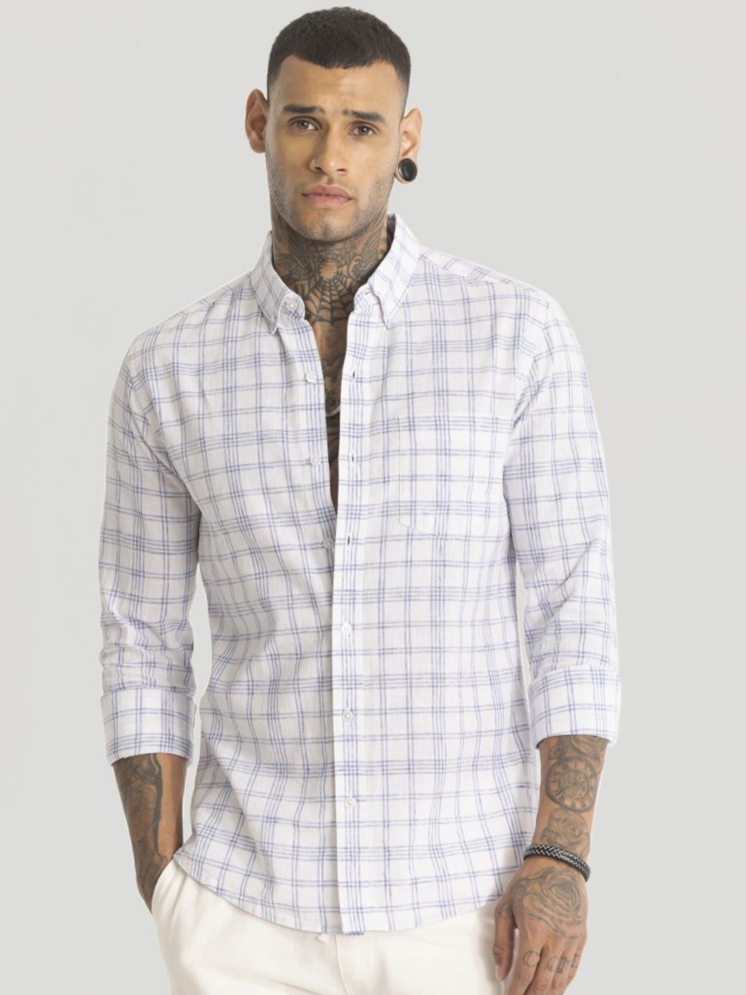 

Snitch Men Smart Slim Fit Opaque Checked Casual Shirt, Blue