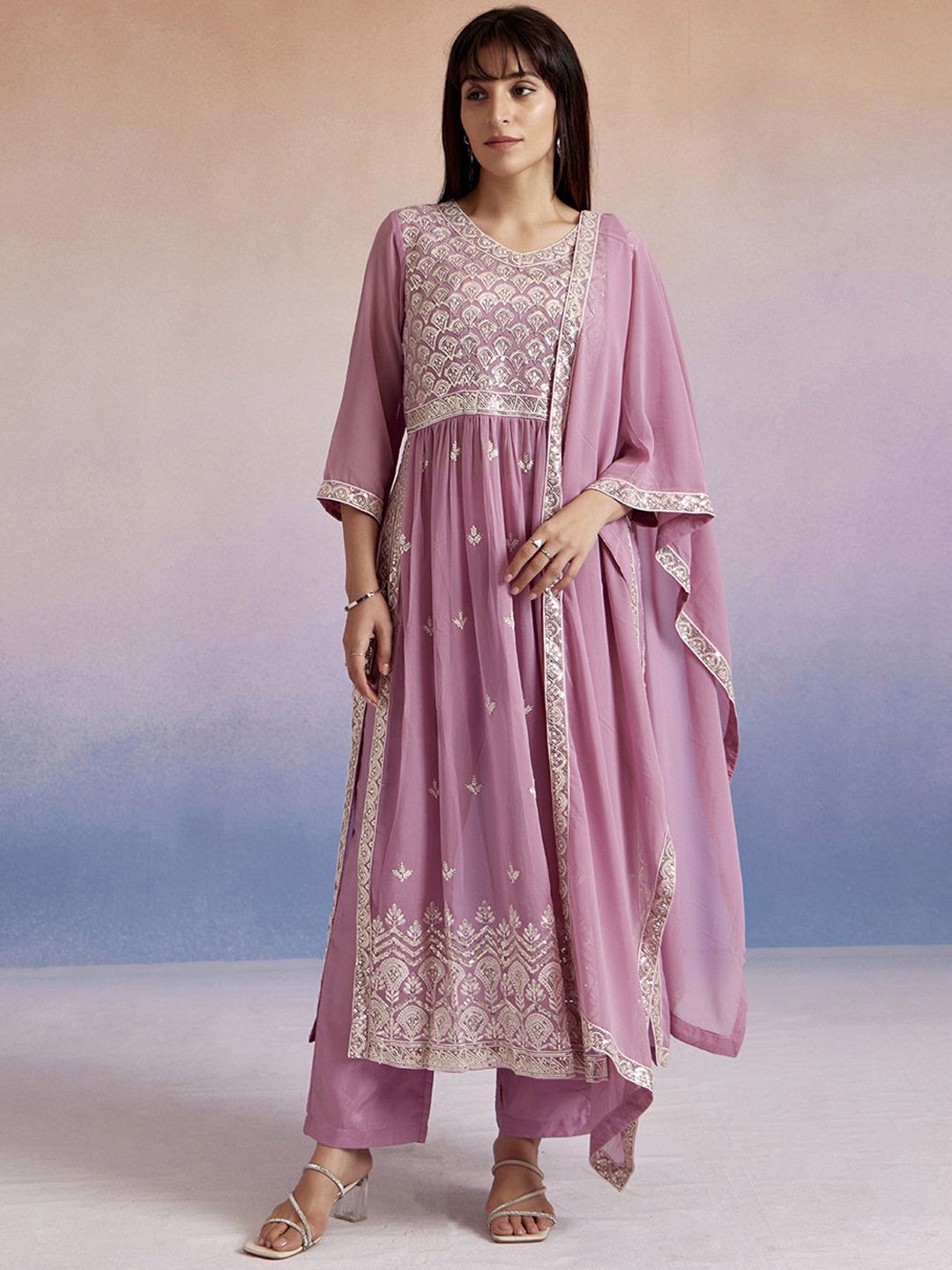 

Jaipur Kurti Ethnic Motifs Embroidered Sequinned A-Line Kurta With Palazzos & Dupatta, Lavender