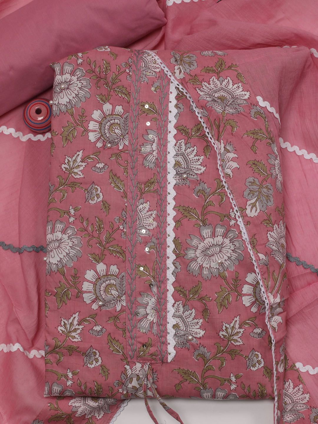 

Meena Bazaar Floral Printed Sequinned Unstitched Dress Material, Pink