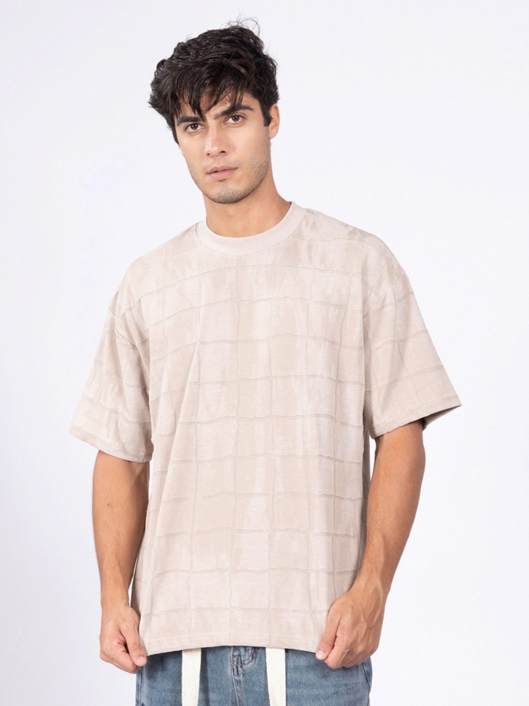 

DIMEH Men Striped Round Neck Cotton Oversized T-shirt, Cream