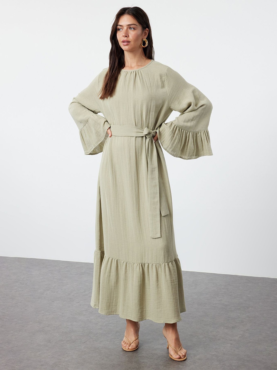 

Trendyol Cotton Bell Sleeve A-Line Maxi Dress, Green