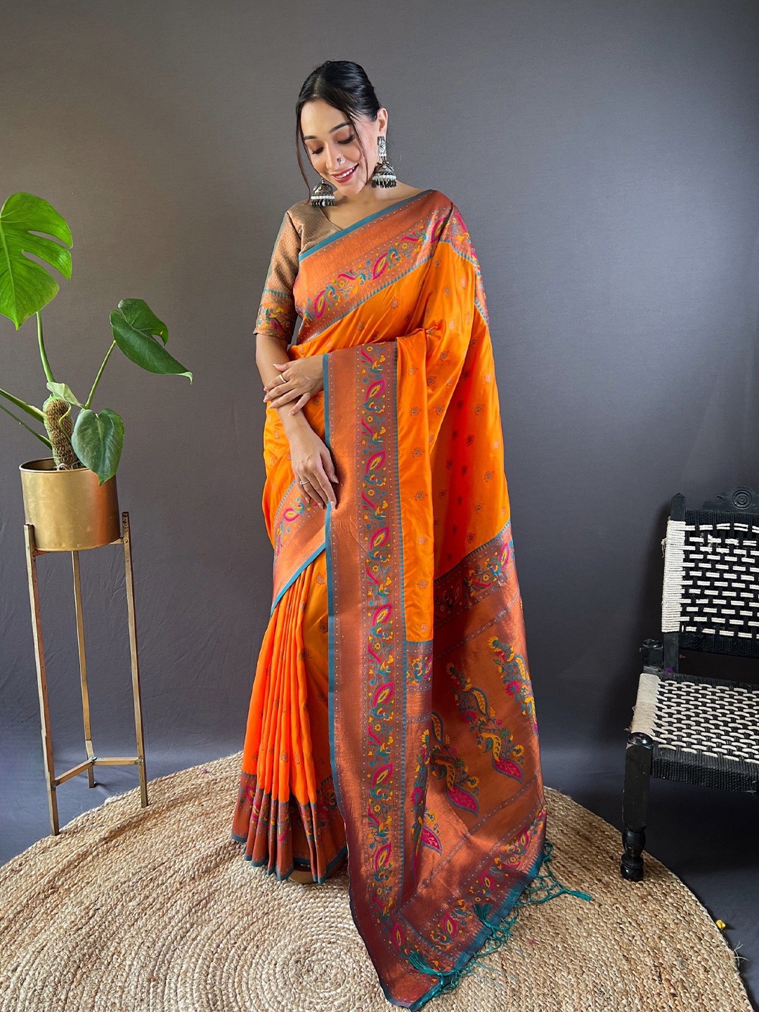 

LeeliPeeri Designer Ethnic Motif Zari Paithani Saree, Orange