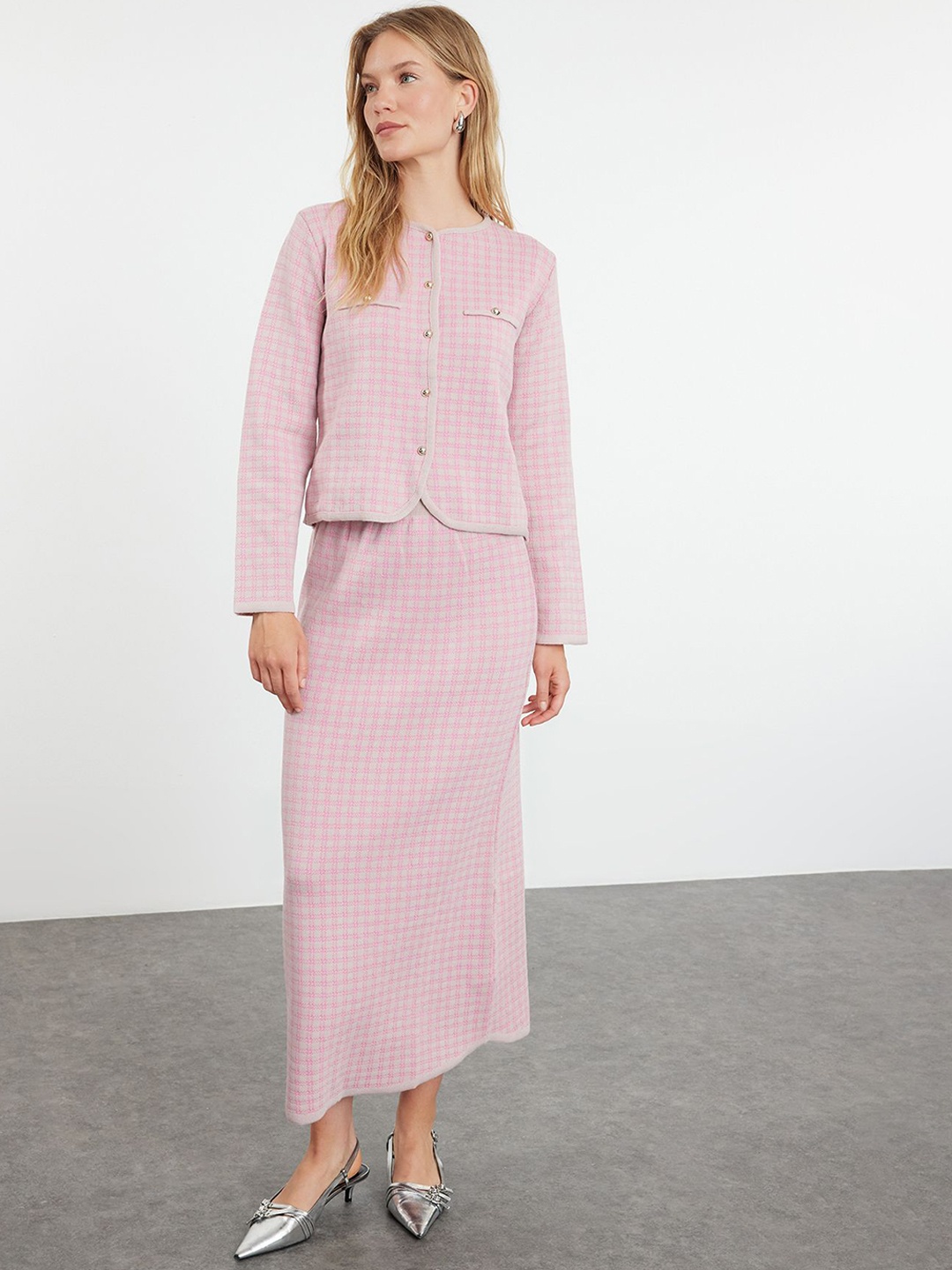

Trendyol Checked Round Neck Top With Skirt, Pink