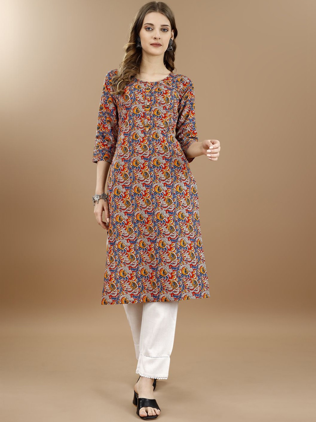 

KUNDAN FAB Floral Printed Round Neck Straight Kurta, Red