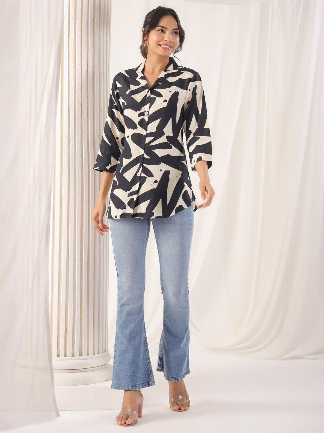 

JISORA Embellished Print Pure Silk Top, Black