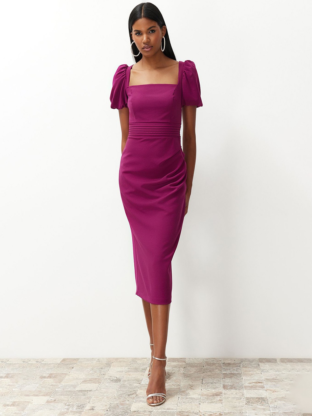 

Trendyol Puff Sleeve Bodycon Midi Dress, Maroon