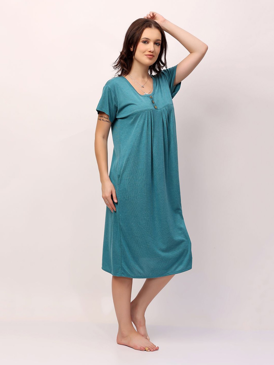 

NIGHT KEYS A-line Solid Midi Nightdress, Turquoise blue