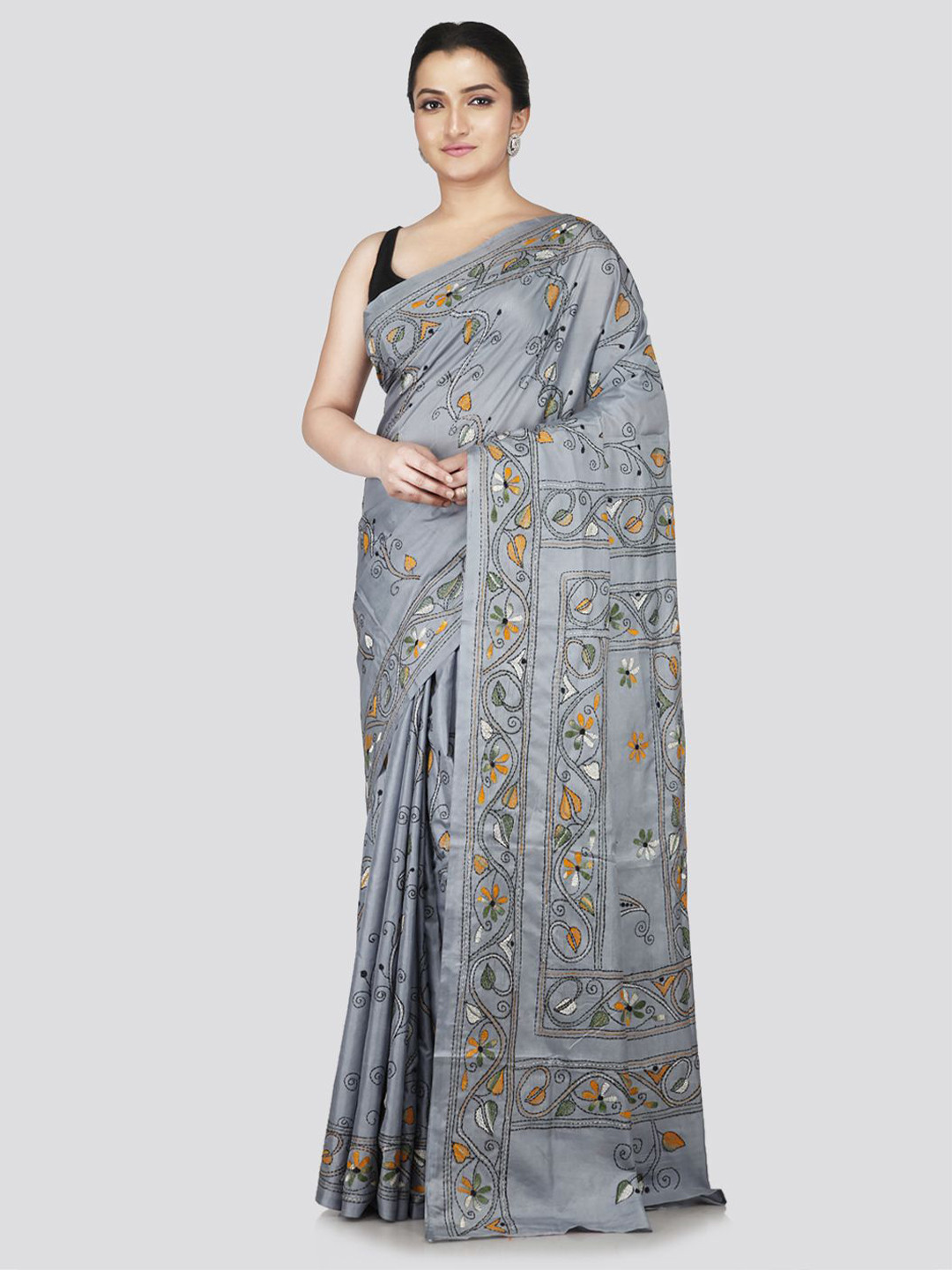 

PinkLoom Floral Kantha Work Pure Silk Heavy Work Saree, Grey