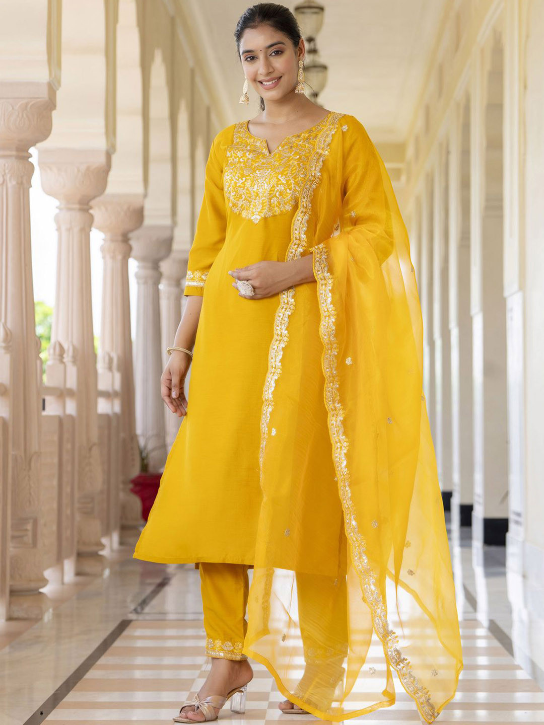 

VredeVogel Floral Yoke Design Straight Zari Kurta with Trousers & Dupatta, Yellow
