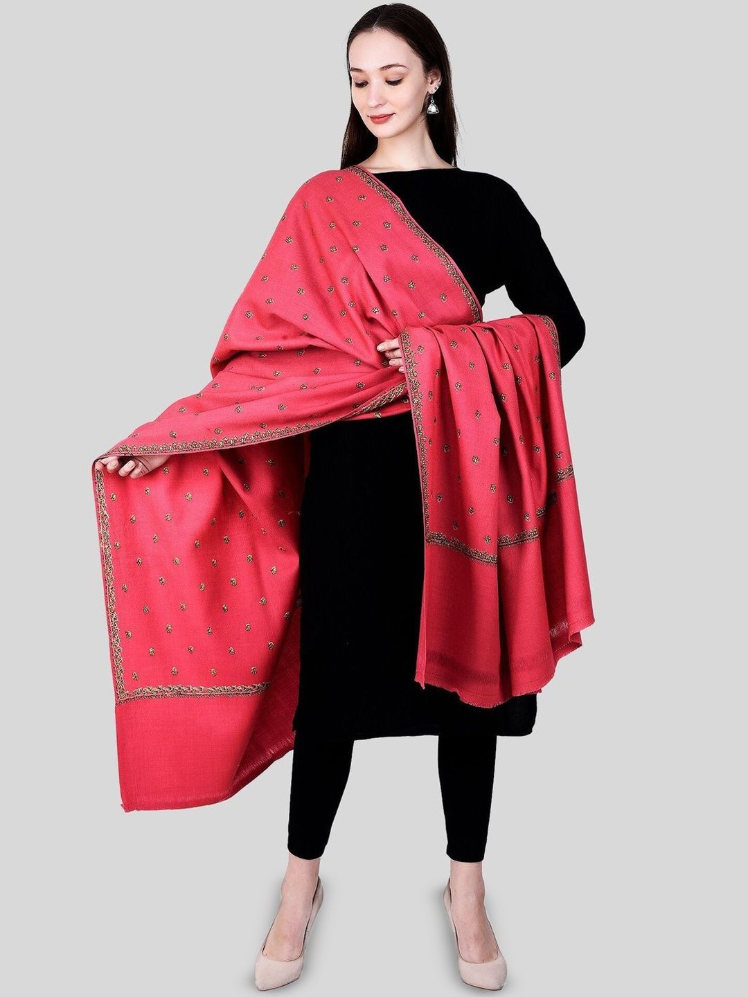

SWI Stylish Floral Embroidered Pure Woollen Shawl, Pink