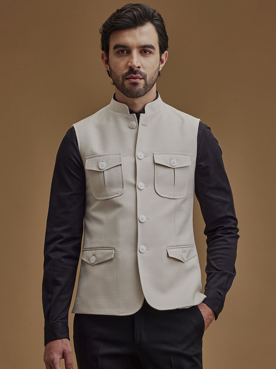 

Neumen Textured Nehru Jackets, Beige