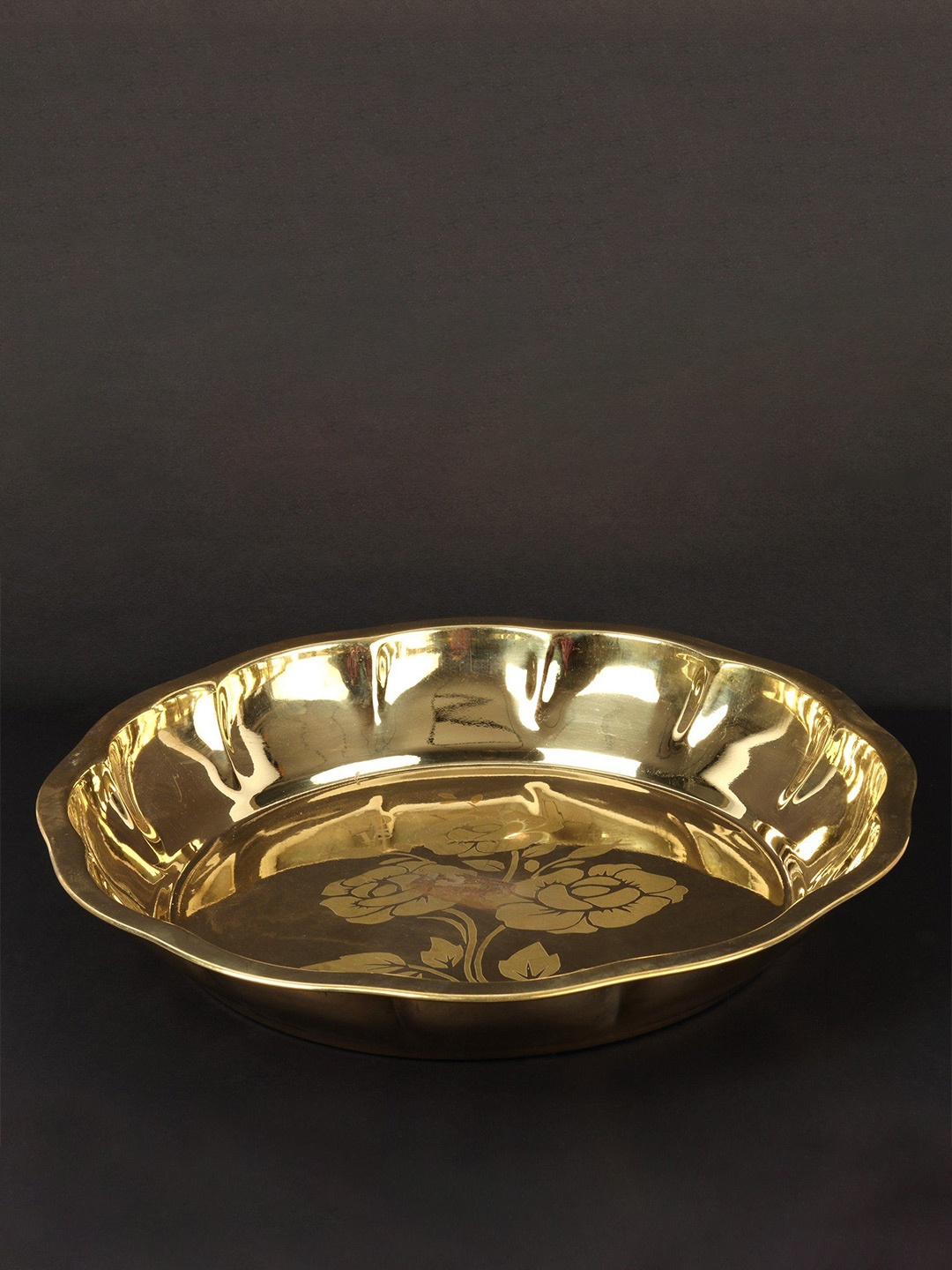 

Exotic India 13" Flower Design Ritual Bowl (Parat) in Brass, Gold