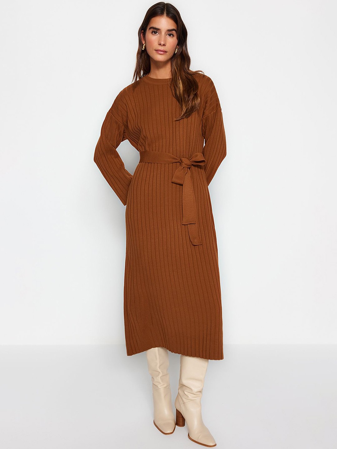 

Trendyol Striped Midi Dress, Brown