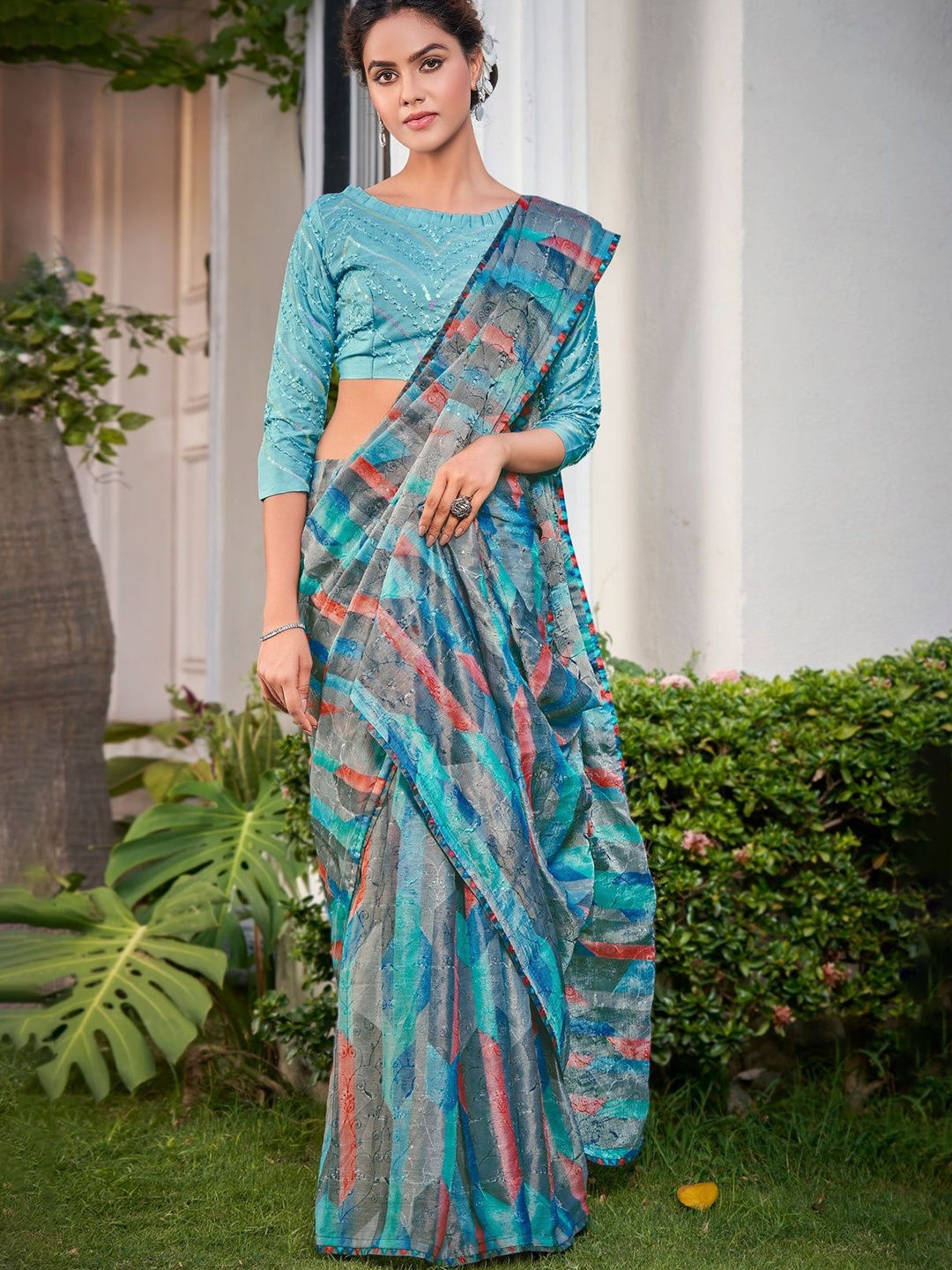 

CHUDIYA Pure Chiffon Abstract Printed Saree, Turquoise blue