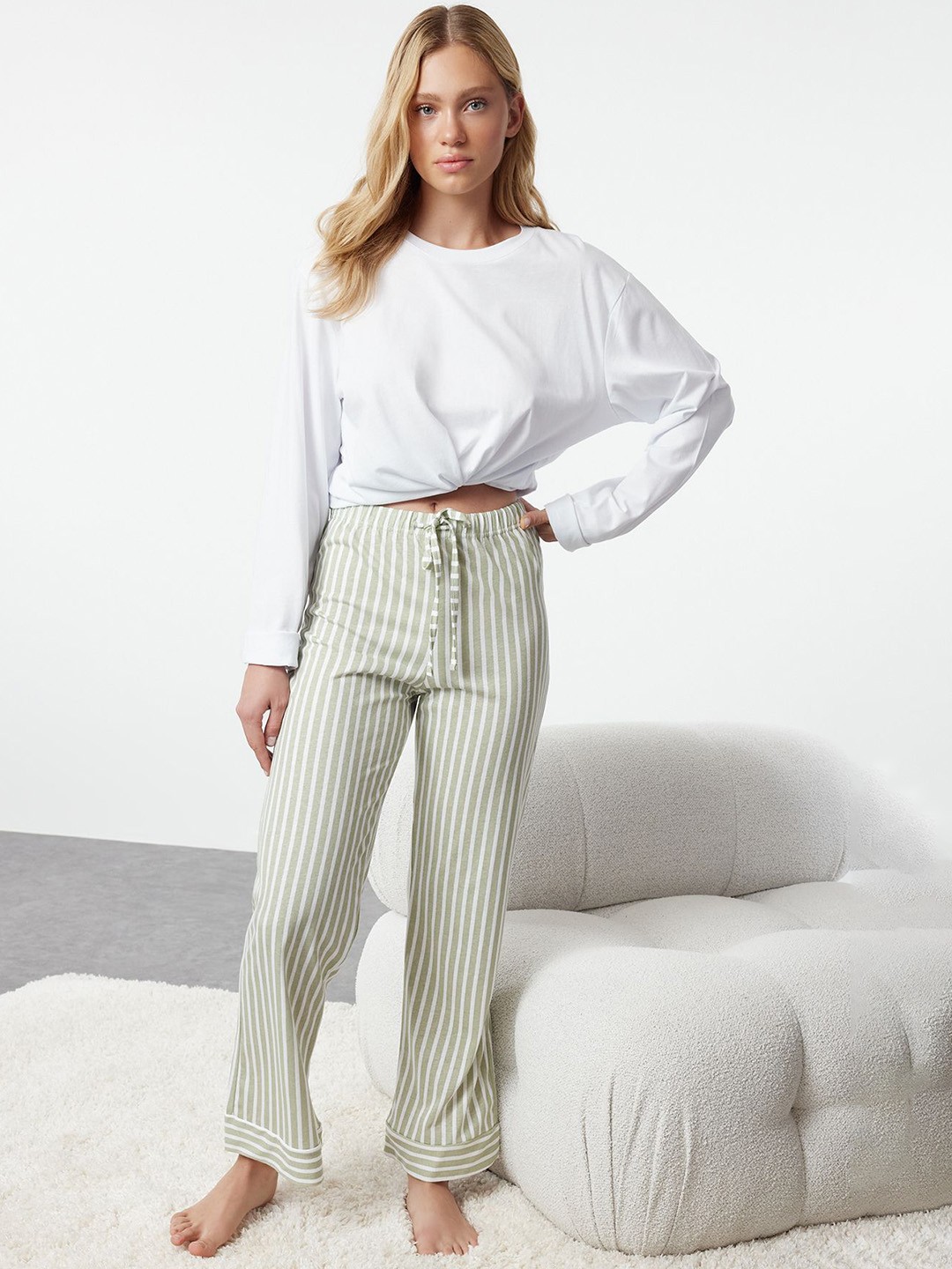 

Trendyol Striped Pure Cotton Lounge Pants, Green