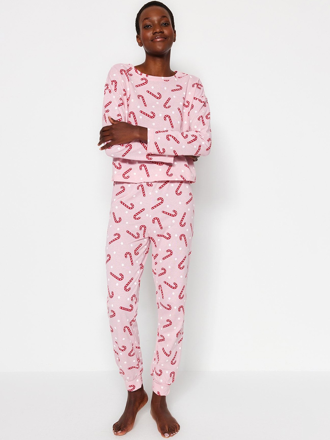 

Trendyol Women Pure Cotton Graphic Printed Night suit, Pink
