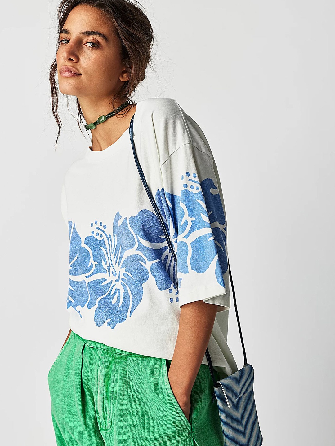 

LULU & SKY Floral Print Extended Sleeves Cotton Top, Blue
