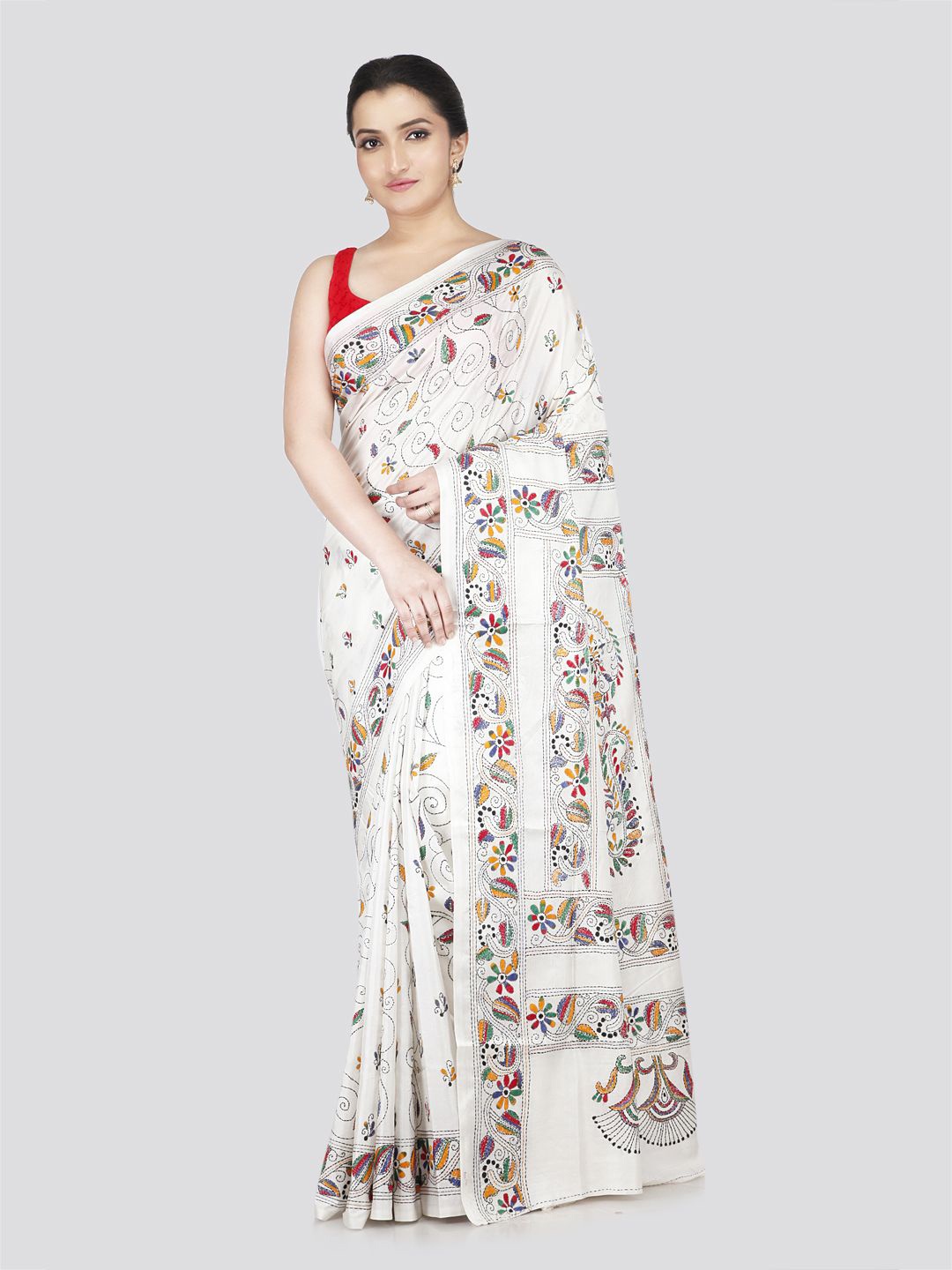 

PinkLoom Floral Kantha Work Pure Silk Saree, White