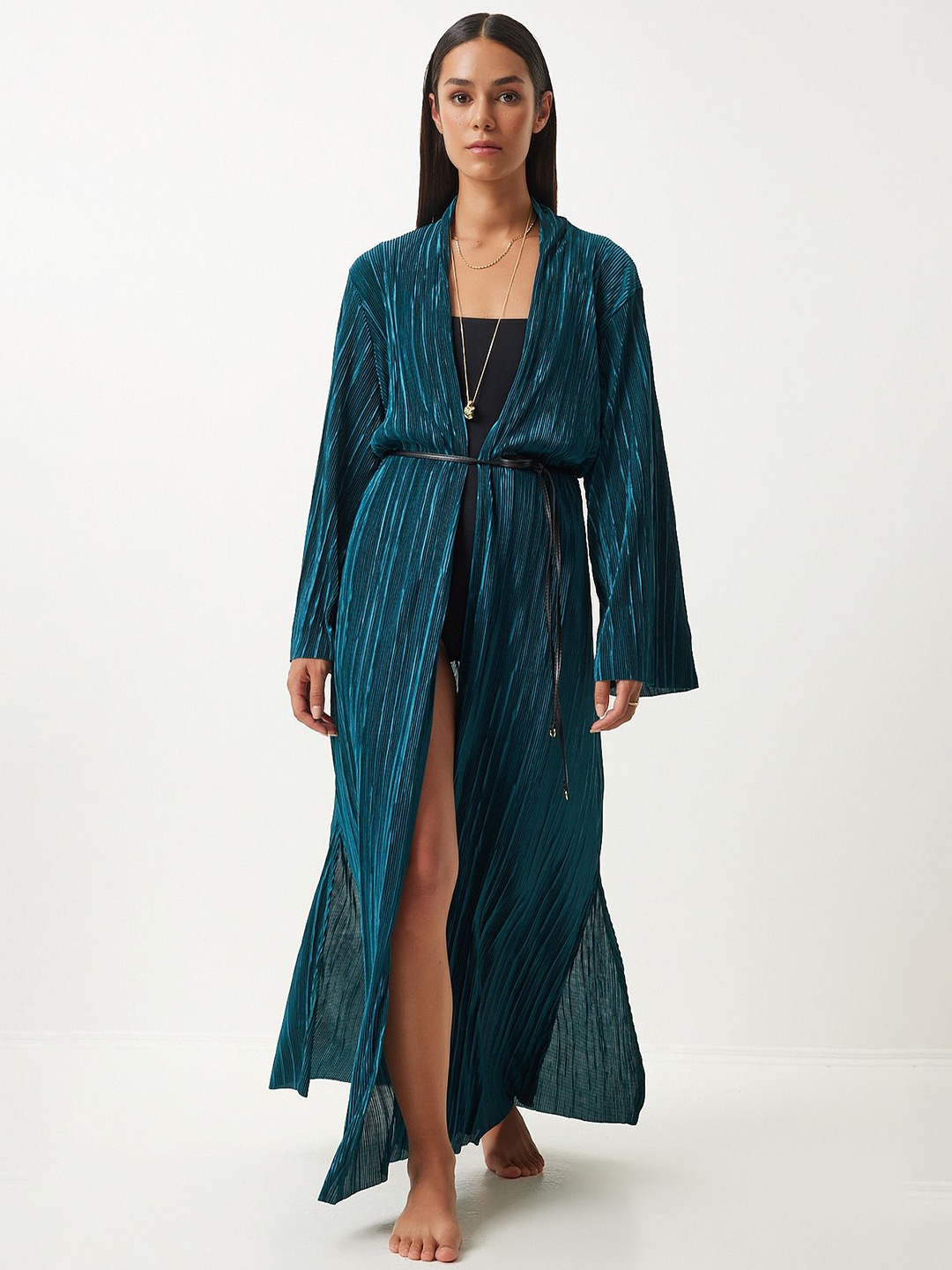

Happiness istanbul Self Design Open Front Longline Shrug, Blue