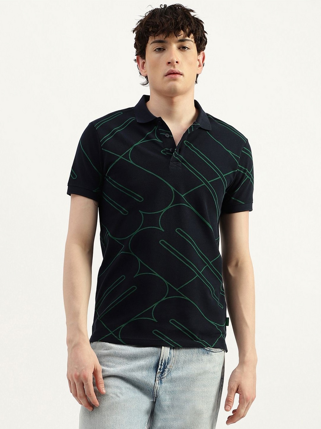 

United Colors of Benetton Men Abstract Printed Polo Collar Pure Cotton T-shirt, Navy blue