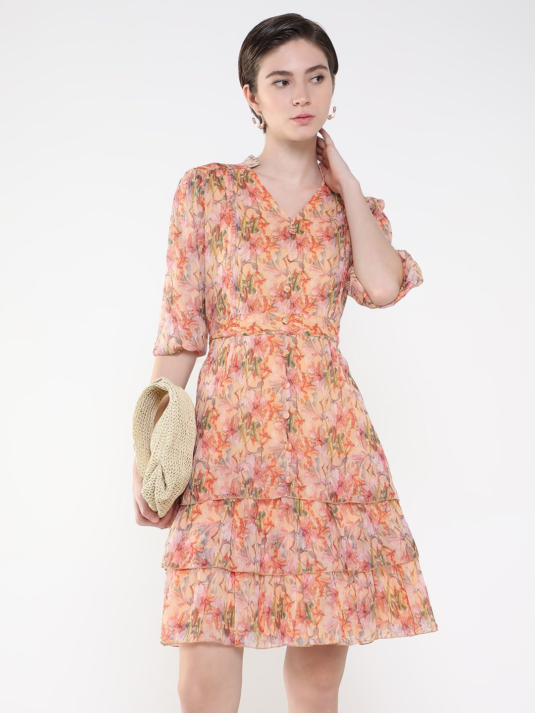 

SHOWOFF Floral Printed Halter Neck Puff Sleeve Layered Fit & Flare Dress, Peach