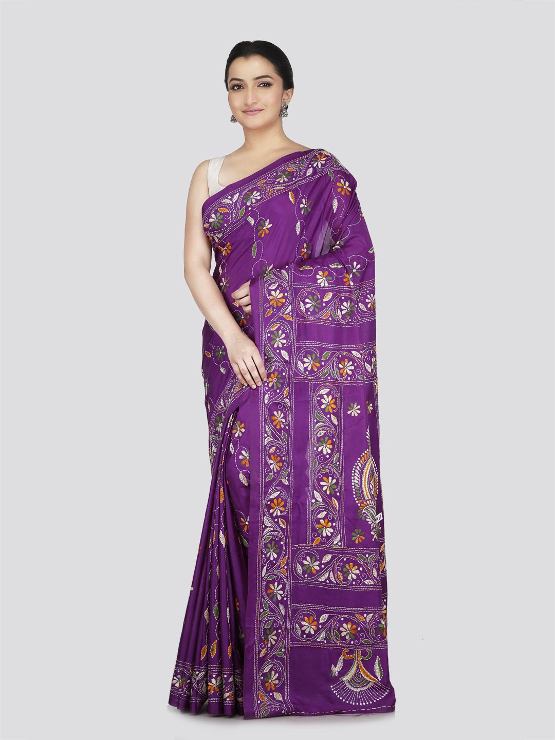 

PinkLoom Floral Kantha Work Pure Silk Saree, Purple