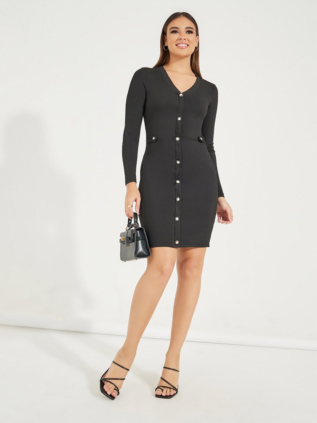 

Styli Women Solid V-Neck Bodycon Mini Dress, Black