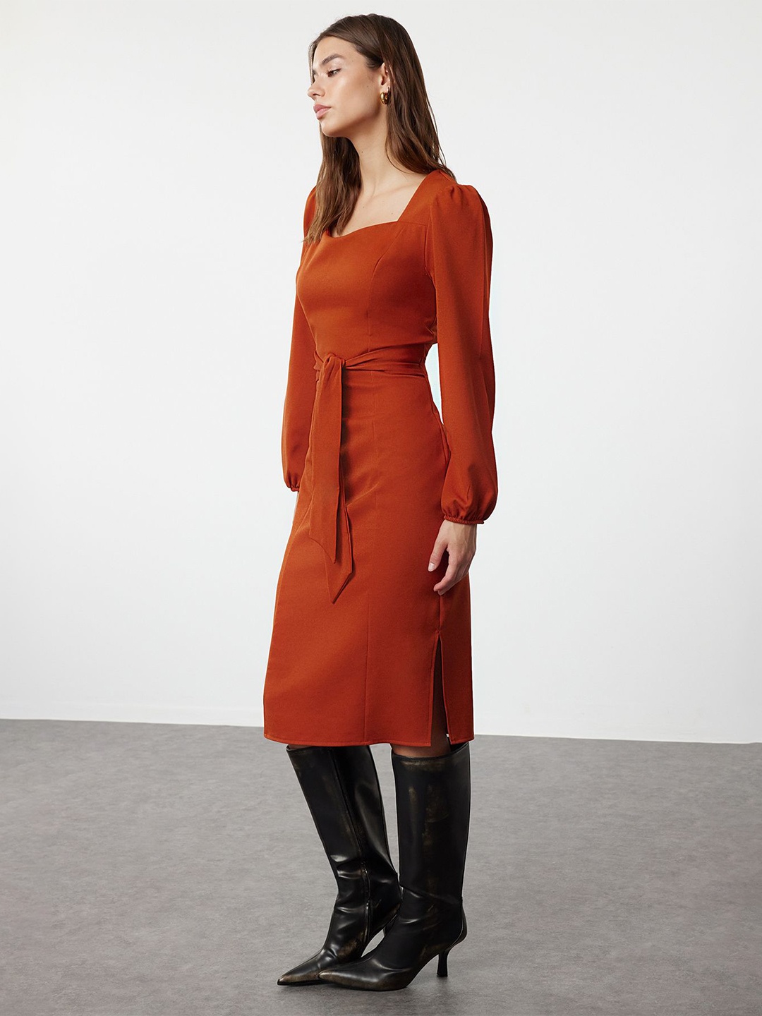 

Trendyol Puff Sleeve Sheath Midi Dress, Rust