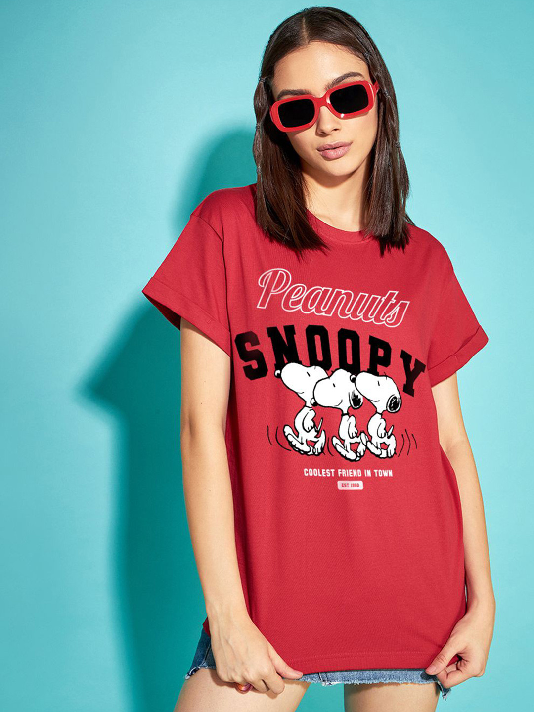 

Bewakoof Women Printed Pure Cotton T-shirt, Red