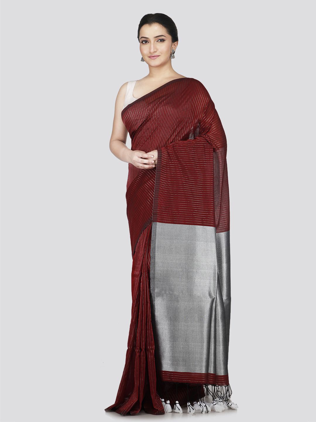 

PinkLoom Striped Pure Cotton Saree, Maroon