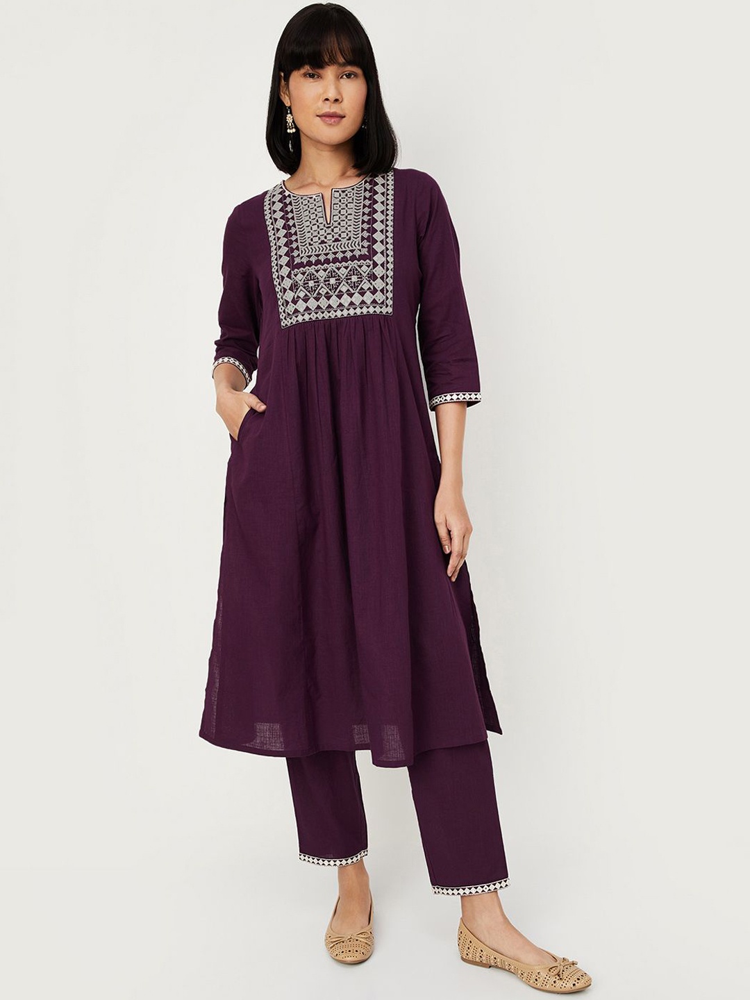 

max Floral Embroidered Pleated Thread Work Pure Cotton Kurta with Palazzos, Purple