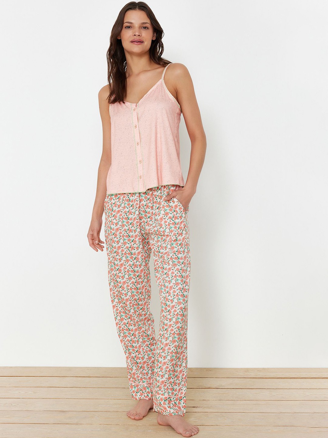 

Trendyol Women Printed Sleeveless Night suit, Pink