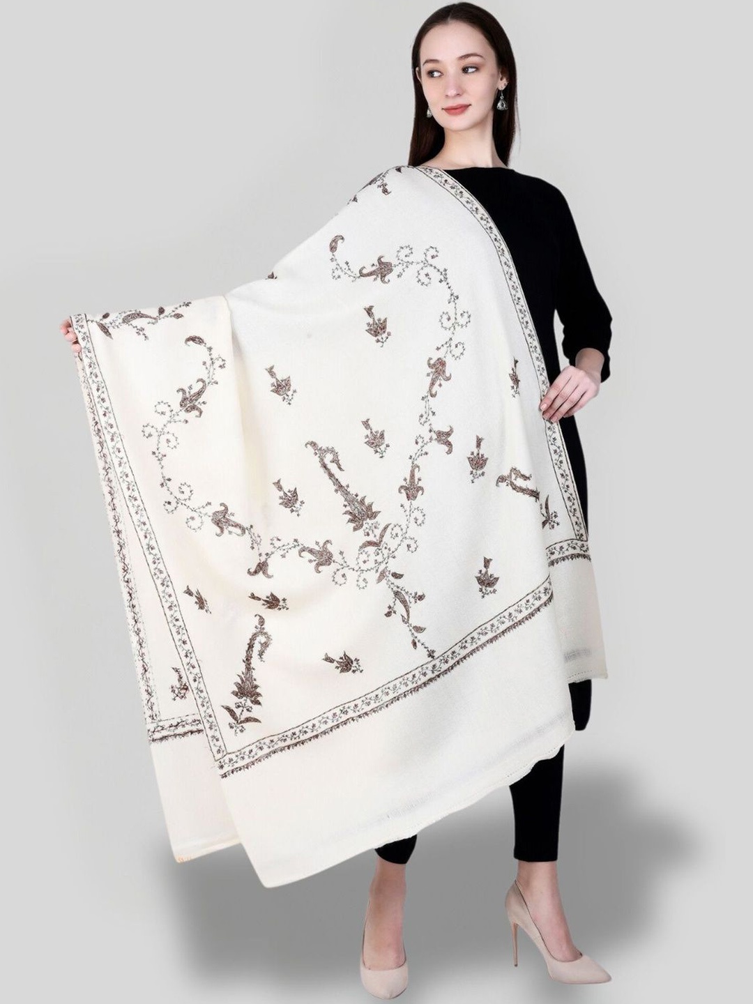 

SWI Stylish Floral Embroidered Pure Woollen Shawl, White