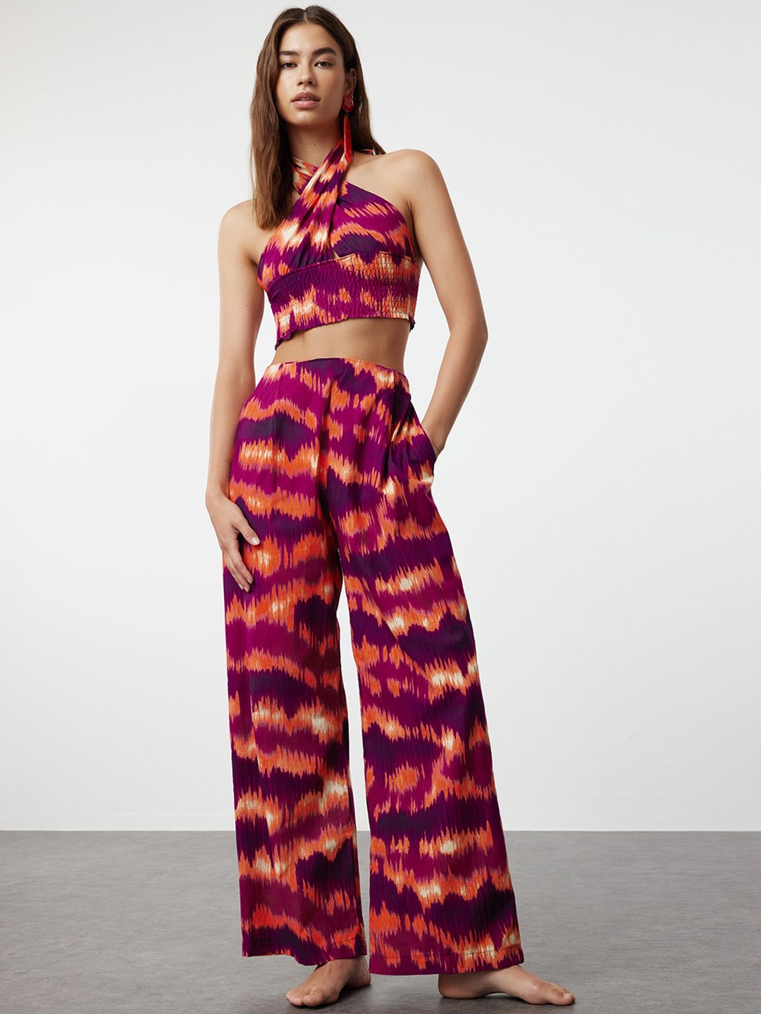 

Trendyol Printed Halter Neck Cotton Top With Trouser, Purple