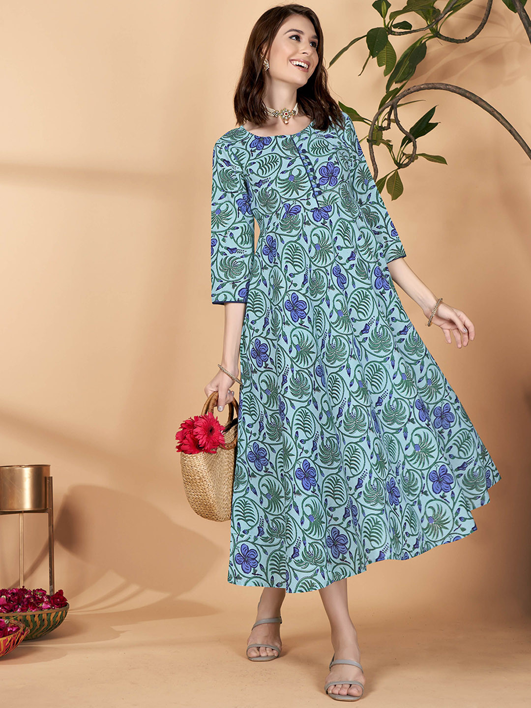 

Anouk Floral Printed Cotton Fit & Flare Ethnic Dress, Teal