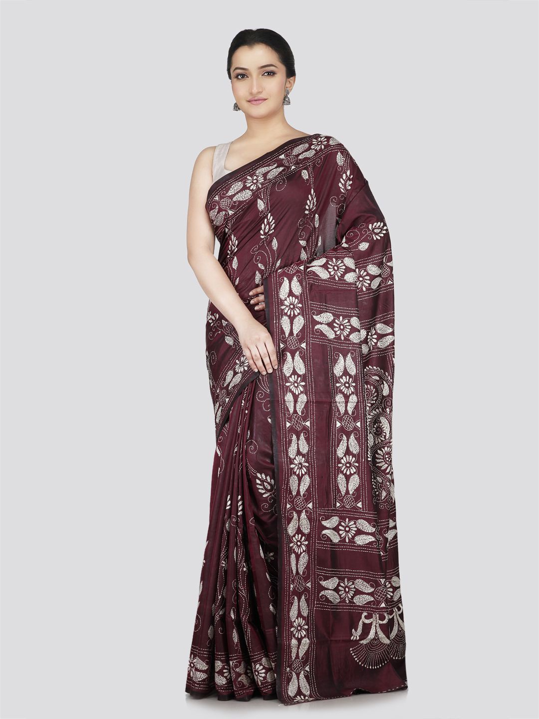 

PinkLoom Floral Kantha Work Pure Silk Heavy Work Saree, Brown