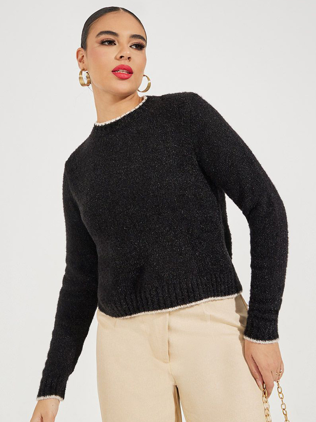 

Styli Women Contrast Tipping Regular Fit Sweater, Black