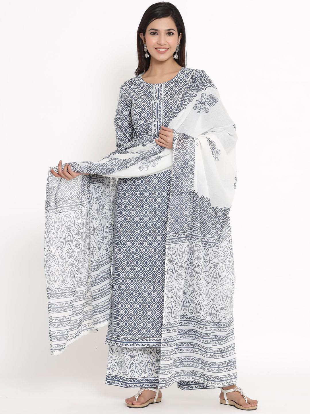 

CHIRAAI Ethnic Motifs Printed Straight Kurta with Palazzo & Dupatta, Blue