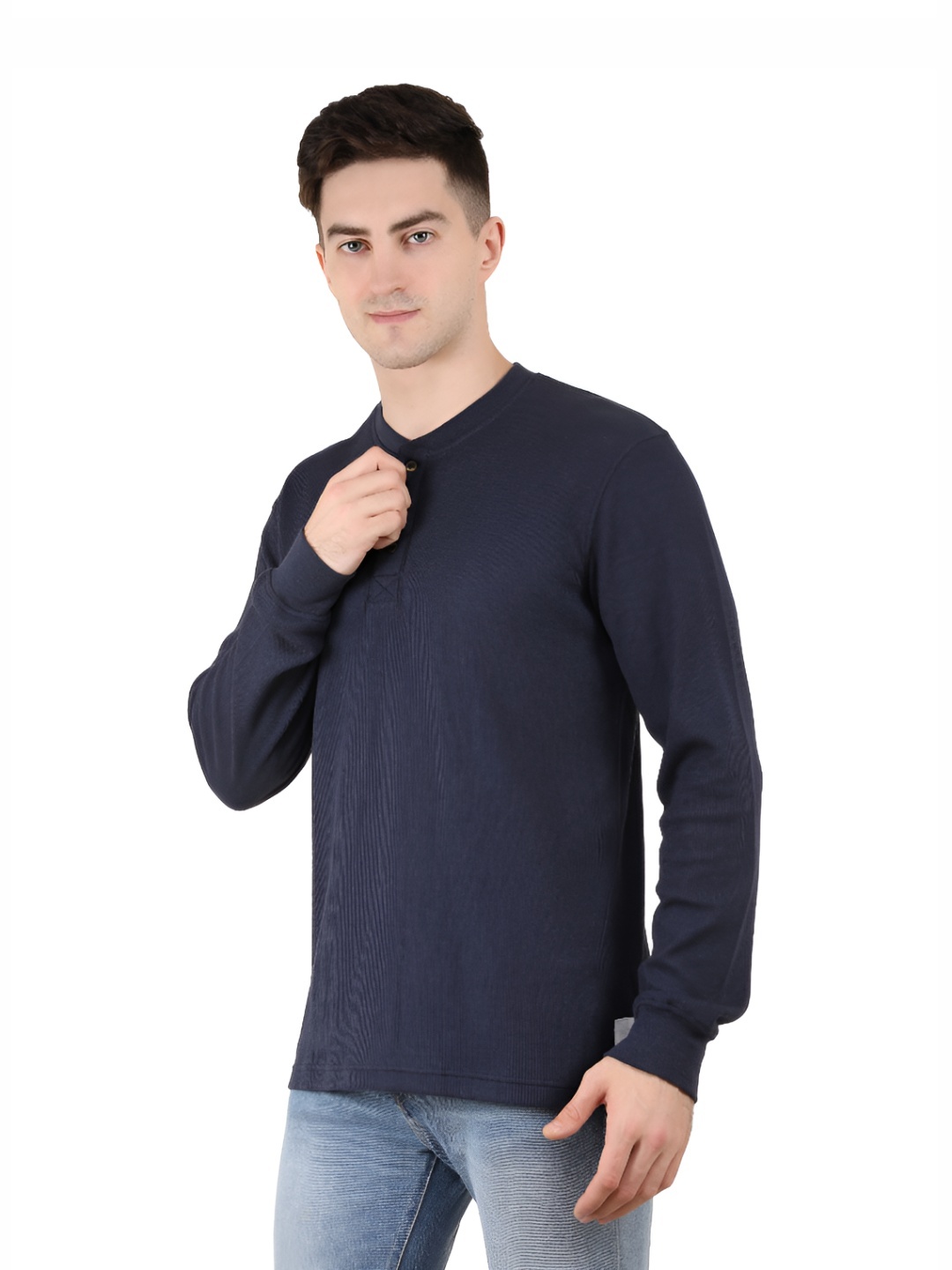 

Y&I Men Solid Henley Neck Cotton T-shirt, Navy blue