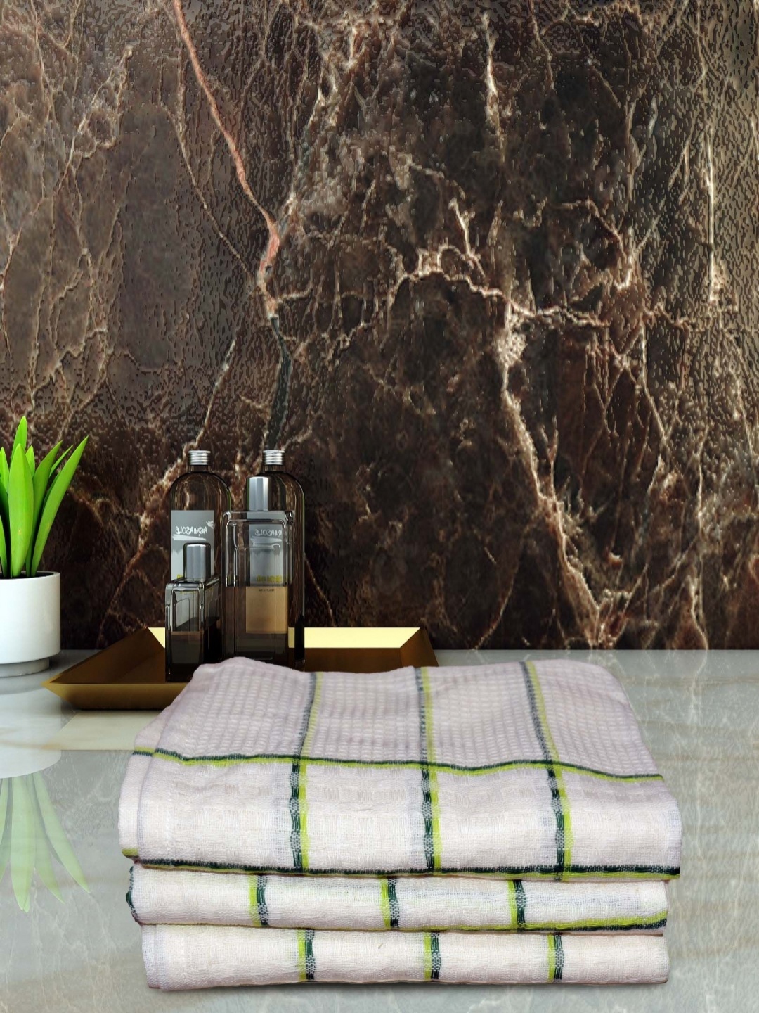 

Aura White & Green 3 Pieces Cotton Checked Hand Towels