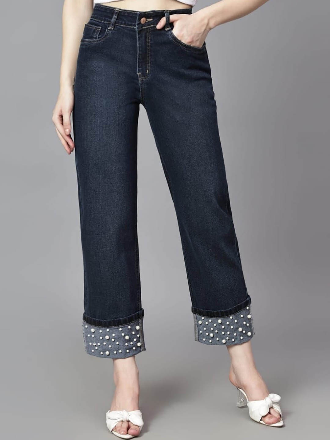 

FASHIONFIBRE Women Straight Fit High-Rise Mildly Distressed Stretchable Jeans, Blue