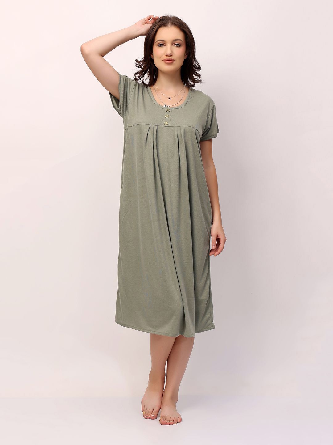 

NIGHT KEYS Women Short Sleeves Midi Nightdress, Green