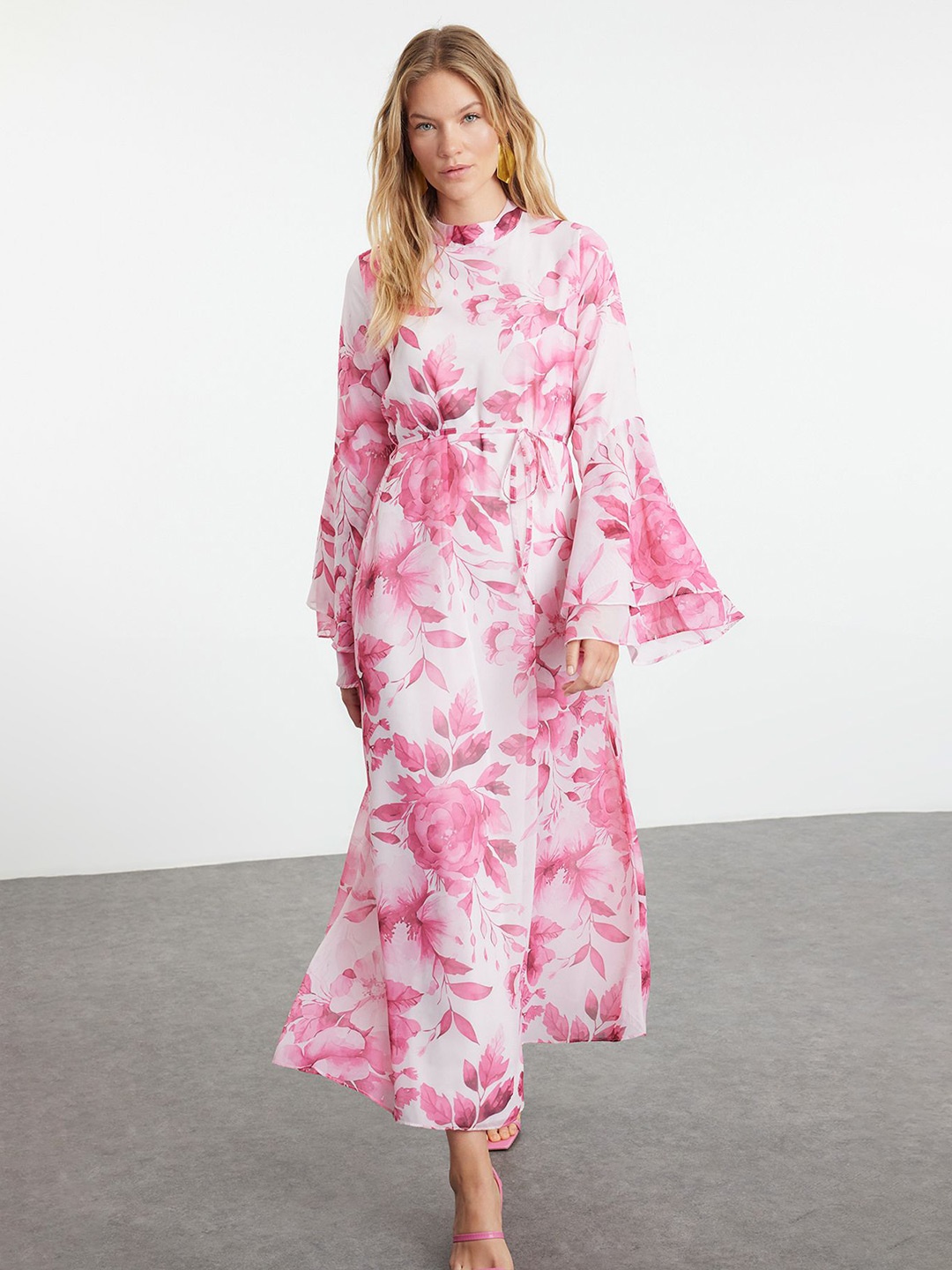 

Trendyol Floral Print Bell Sleeve Fit & Flare Maxi Dress, Pink