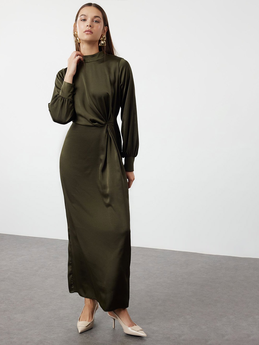 

Trendyol Solid Puff Sleeve Maxi Dress, Olive